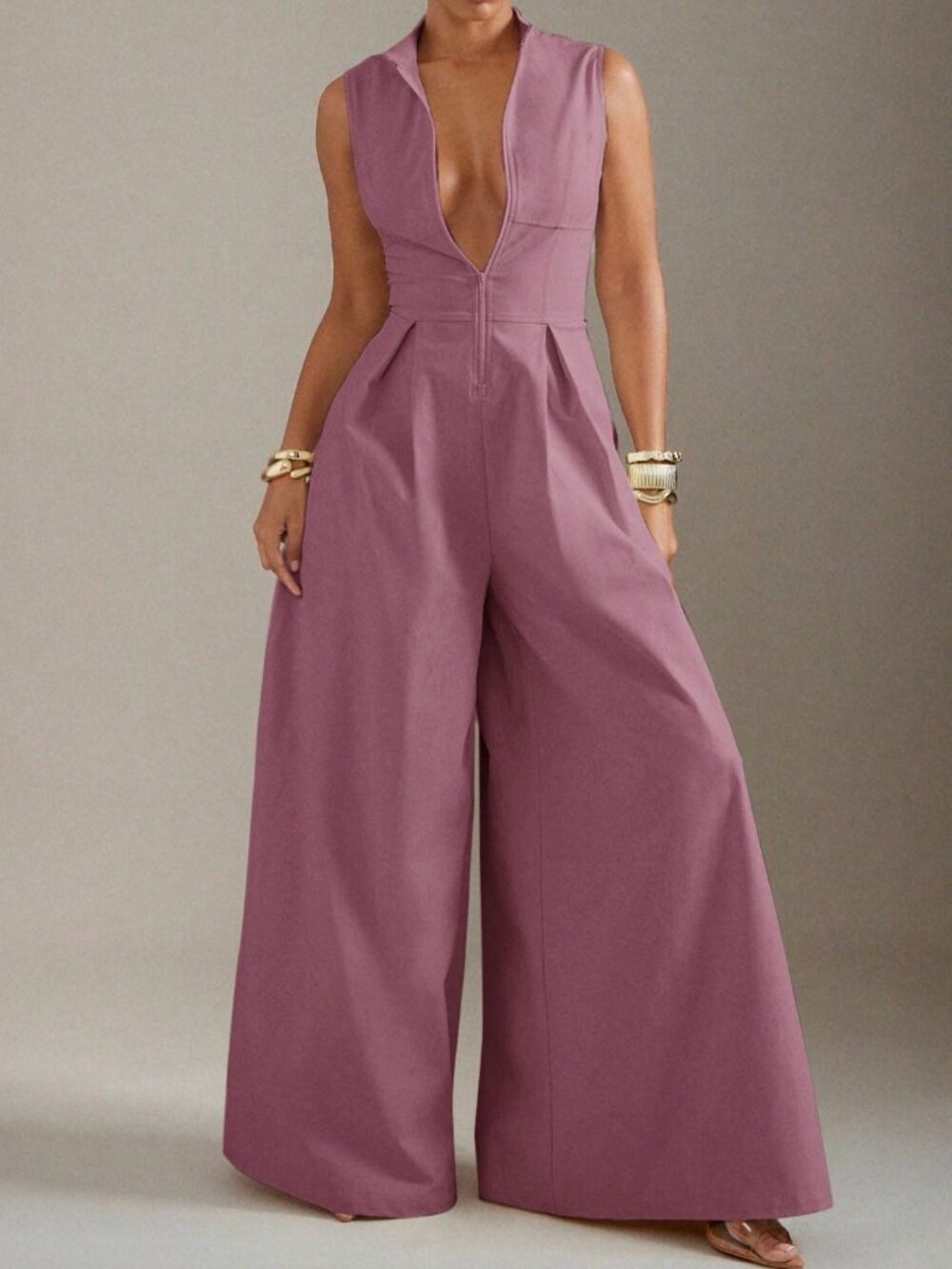 Purple Elegant Women's Extreme Wide Leg Zip Front Sleeveless Jumpsuit